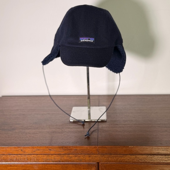 Patagonia Trapper Recycled Wool Ear Flap Baseball Winter Sherpa Tie Cap Navy L - Picture 8 of 9
